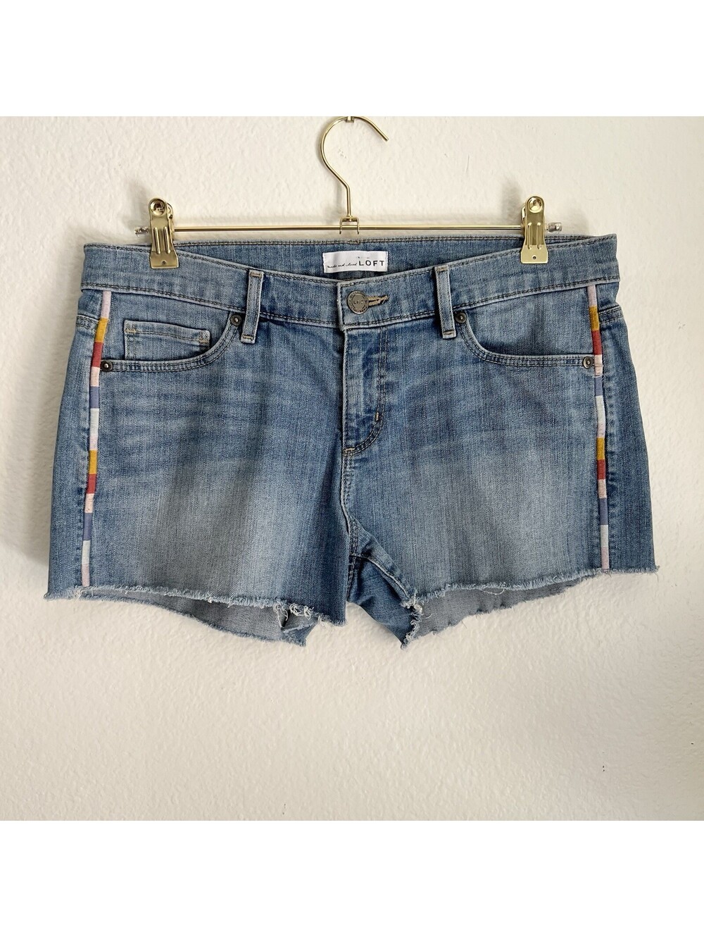 Ann Taylor Made And Loved LOFT 9/28 Denim Cutoff Jean Shorts Embroidered Raw Hem